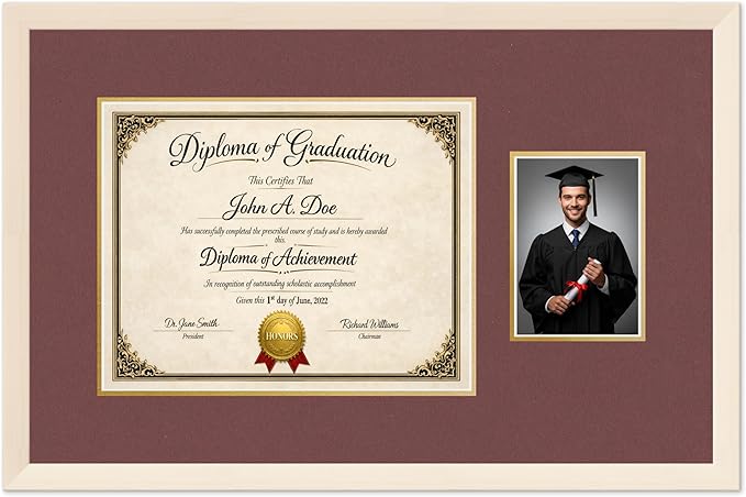 Diploma Frame With Photo Opening Coastal Whitewash Dark Red Over Gold Mat - Fits 14 x 11 Degree and Picture Made in the USA