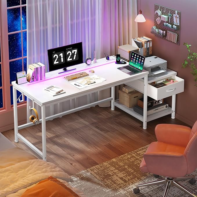 56 Inch White Desk with Drawers & Shelf to Storage,Computer Desk with Power Outlet & LED Lights,Reversible Office Desk with Hooks for Headphone,Bags,Desk for Bedroom,Dorm,Teens Study Room
