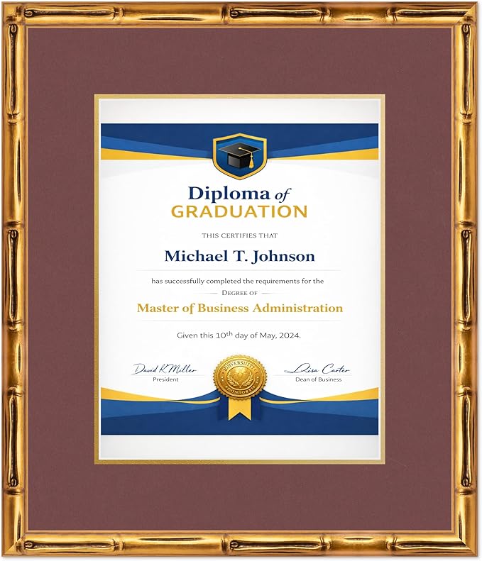 Diploma Frame Gold Bamboo with Dark Red Over Gold Double Mat - Fits 11 x 14 College Diploma (Portrait) Wall Display Made in the USA