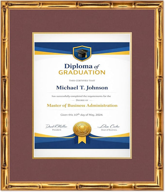 Diploma Frame Gold Bamboo with Dark Red Over Gold Double Mat - Fits 11 x 14 College Diploma (Portrait) Wall Display Made in the USA