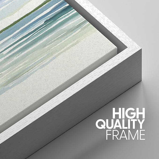 SIGNWIN Framed Canvas Print Wall Art Set Blue Watercolor Ocean Scene Coastal Beach Horizon Illustrations Modern Art Decorative Abstract for Living Room, Bedroom, Office - 24"x36"x3 White