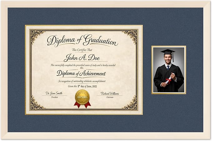 Diploma Frame With Photo Opening Coastal Whitewash Navy Blue Over Gold Mat - Fits 17 x 13 Degree and Picture Made in the USA