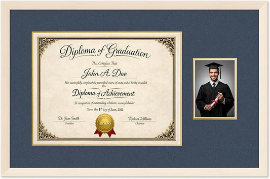 Diploma Frame With Photo Opening Coastal Whitewash Navy Blue Over Gold Mat - Fits 17 x 13 Degree and Picture Made in the USA