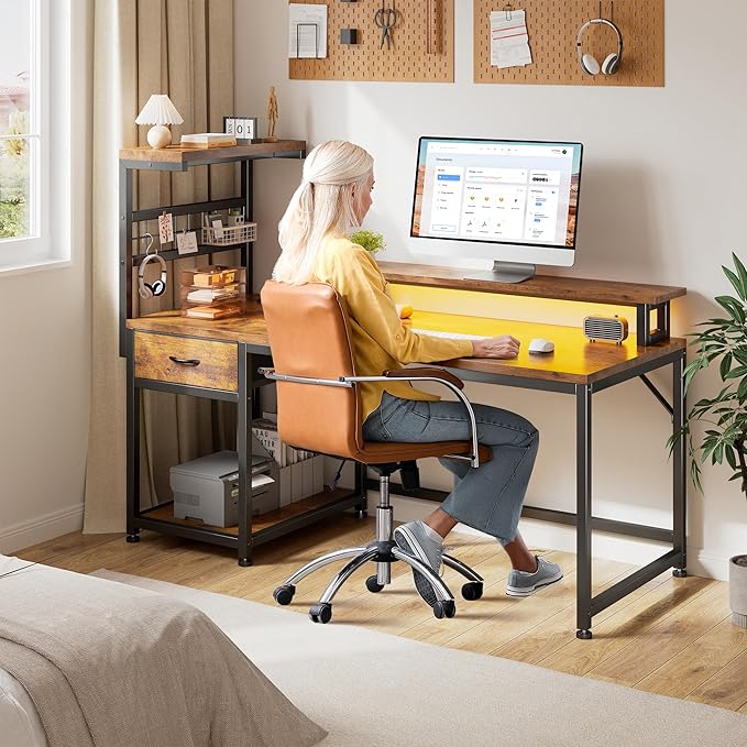 EnHomee 40" Computer Desk with Power Outlets & LED Lights, Gaming Desk with Drawer & Storage Shelves, Reversible Home Office Desk with Monitor Stand, for Living, Study Room, Gaming Room, Rustic Brown