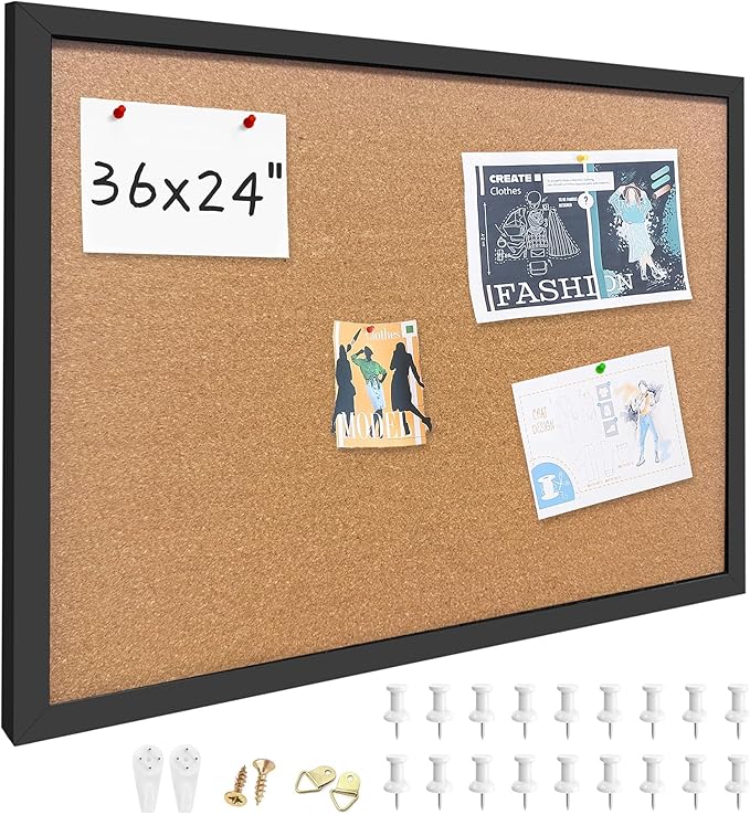 Cork Bulletin Board, 36x24 Inches Hanging Cork Board Wooden Framed with Pins for Wall, Dorm Room, Office, Home Decor – Natural Cork & Black Frame