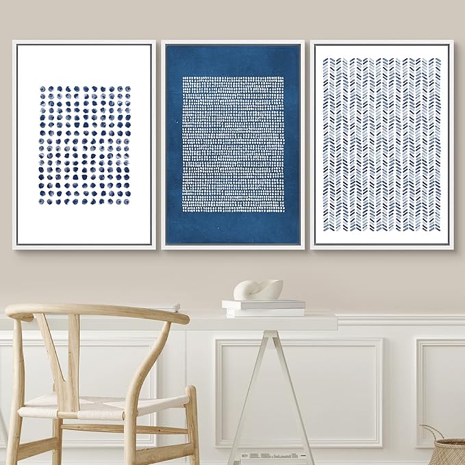 SIGNWIN Framed Canvas Print Wall Art Set Blue Geometric Pattern Landscape Abstract Shapes Illustrations Modern Art Decorative Boho Relax/Zen Nordic for Living Room, Bedroom, Office - 24"x36"x3 White
