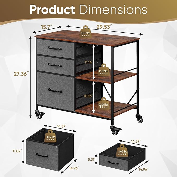 JungleA 3 Drawer Mobile File Cabinet, with 3 Fabric Drawers and 2 Shelves, Mobile Storage Organizer Cart for Office, Study Room, Library, Dark Gray
