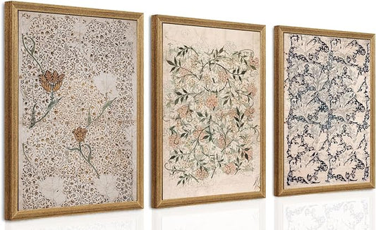 Bohemian Botanical Wall Art Set Of 3 Vintage Floral Canvas Prints For Home & Kitchen Wall Decor Art Prints 12x16 Inches Wood Framed Easy to Hang