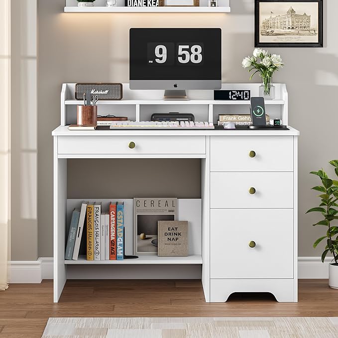 TTVIEW Computer Desk with Drawers and Hutch Shelf, Wood Executive Desk Writing Study Table with 43” Wide Tabletop, Small Desk with File Drawer for Home Office Bedroom, White