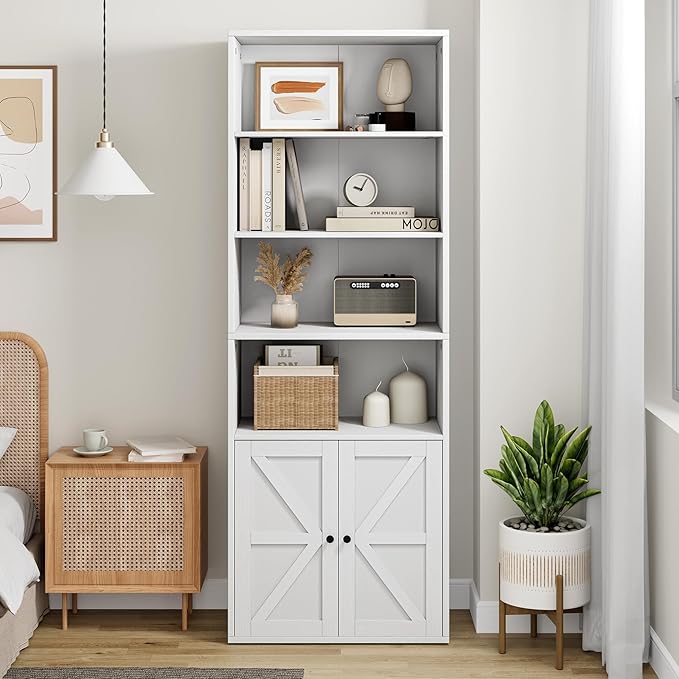 IDEALHOUSE Bookcase with Doors Industrial Bookshelf 11.8in Depth Display Storage Shelves 71.4in Tall Farmhouse Bookcases Wooden 6 Shelf Bookshelvels for Bedroom, Living Room, Home Office (White)