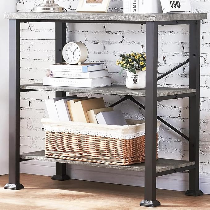 HOMBAZAAR 3 Tier Bookshelf,Grey Industrial Book Shelf,Engineered Wood and Metal Small Bookshelves,Low Shelf Bookcase for Living Room,Office,Bedroom and Kitchen