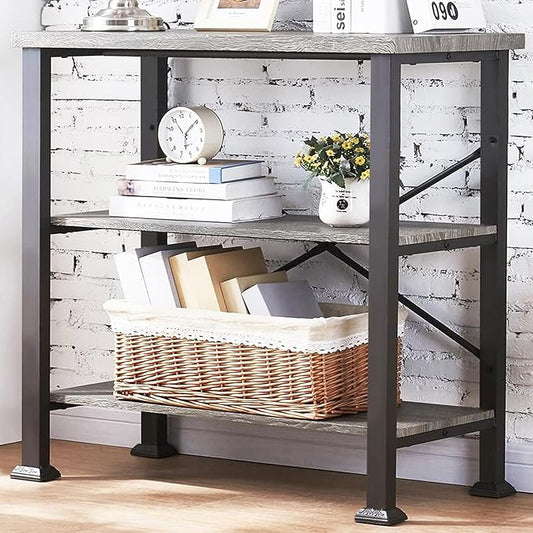 HOMBAZAAR 3 Tier Bookshelf,Grey Industrial Book Shelf,Engineered Wood and Metal Small Bookshelves,Low Shelf Bookcase for Living Room,Office,Bedroom and Kitchen
