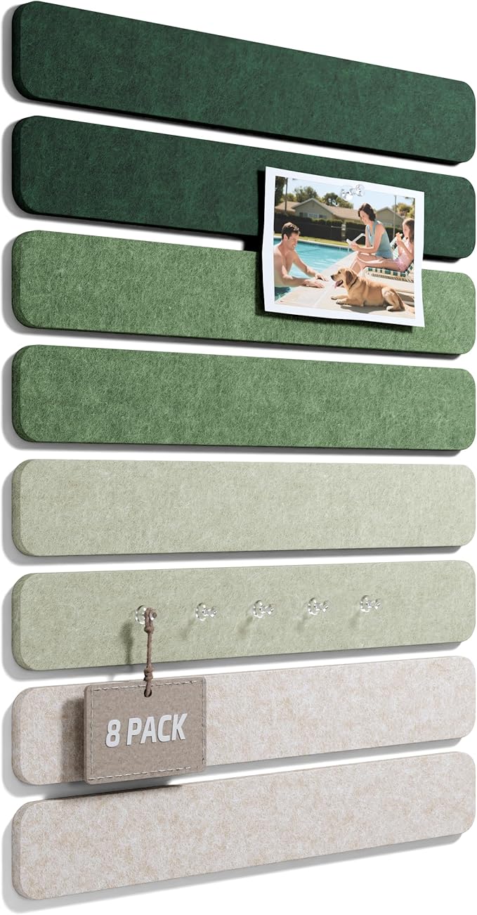 Cork Board Alternative Felt Strip Board 8-Pack 13"x2", Office Pin Board with 50 Push Pins, Adhesive Install for Bedroom Door & Home Office(Sagewood)