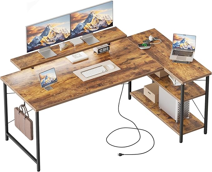 Mericonia Small L Shaped Computer Desk with Power Outlets, Reversible Gaming Desk with Storage Shelves & Monitor Stand, Corner Gamer Desk Table, Study Writing Table