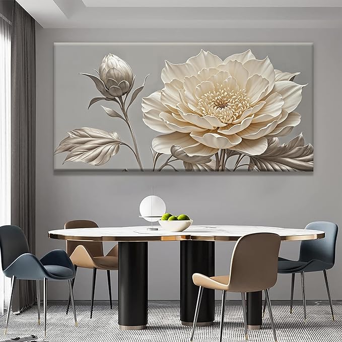 QSQ Large Wall Art Living Room Home Wall Decor Modern Canvas Art Wall Decor 29 X 58 Inches White Painting Print Elegant Silver White Flower Wall Art Picture For Bedroom Office Decoration Artwork