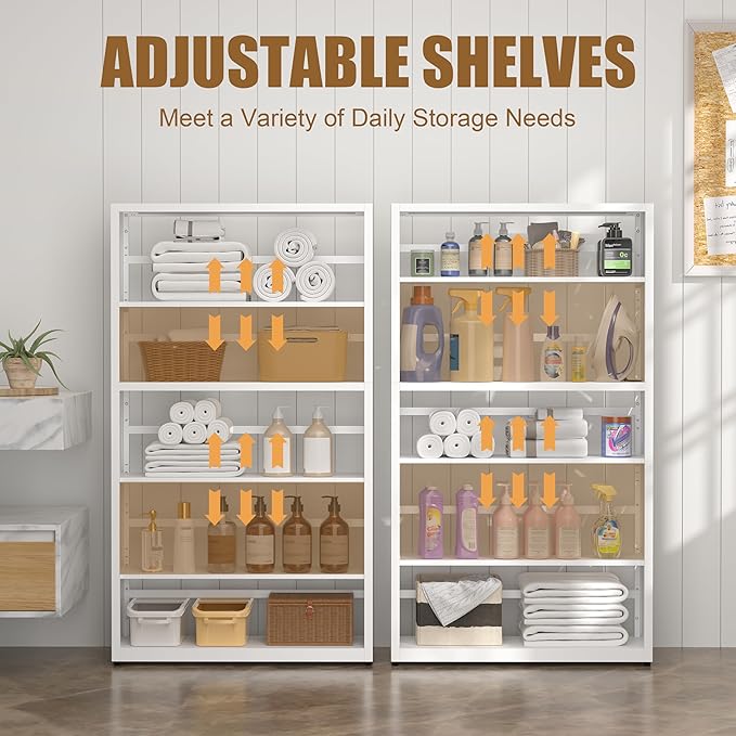 5 Tier Bookshelf, 55"Tall Metal Bookcase with Adjustable Shelves, Modern Display Book Shelf, White Bookcase Shelf, Utility Shelf, Storage Shelves for Office, Living Room, Kitchen, Study-31"W