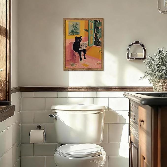 Funny Cat Bathroom Wall Art, Cute Black Cat Sitting on Toilet Reading Newspaper Wall Decor Painting, Whimsical Animal Canvas Artwork Prints Pictures for Bathroom Restroom 12x16 Inch Framed