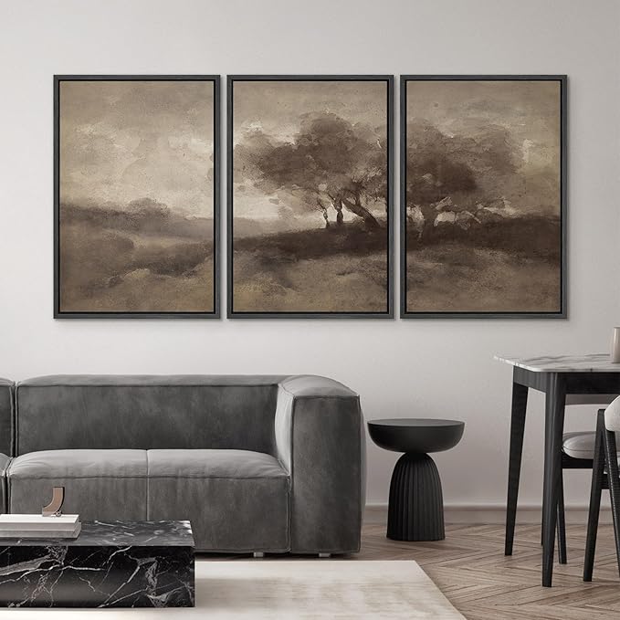 SIGNWIN Framed Canvas Print Wall Art Set Sepia-Toned Abstract Trees Vintage Landscape Illustrations Modern Art Decorative for Living Room, Bedroom, Office - 24"x36"x3 Black