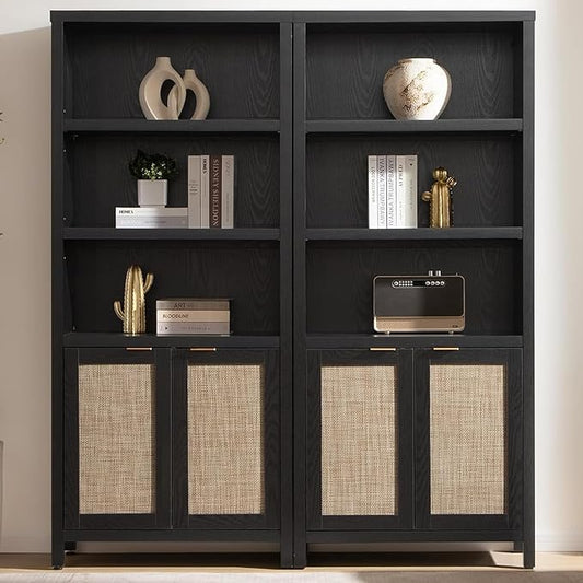 SICOTAS Bookcase 71" Tall Bookshelf 5 Tier Rattan Boho Bookcase with Doors Storage Large Book Case Shelf Farmhouse Bookshelves Library Book Shelves for Living Room Bedroom Home Office Kitchen