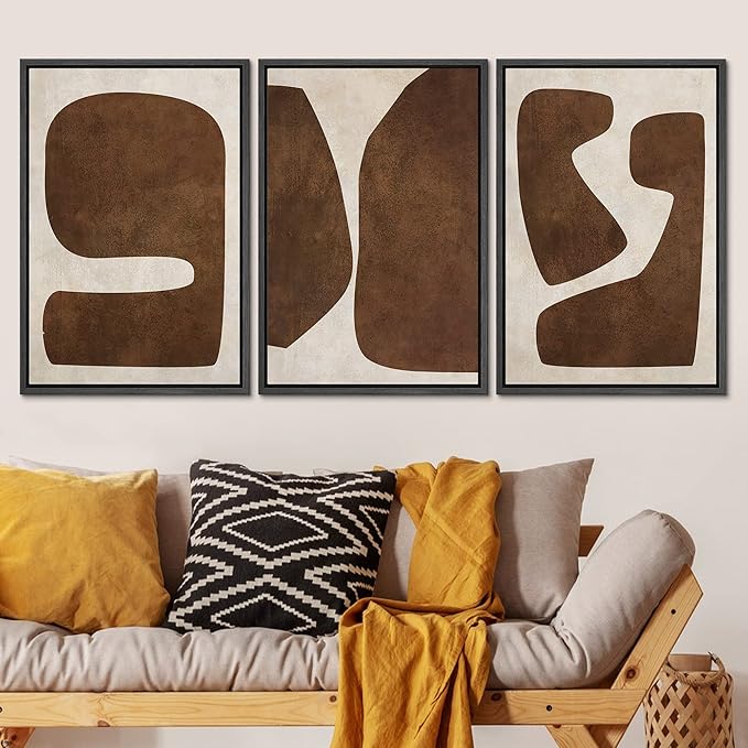 SIGNLEADER Framed Canvas Print Wall Art Set Brown Tan Retro Polygon Collage Abstract Shapes Illustrations Modern Art Geometric Zen Mid-Century for Living Room, Bedroom, Office - 24"x36"x3 BLACK