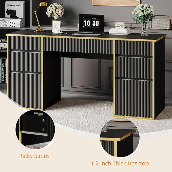 Black Computer Desk with Drawers, 58 Inch Home Office Desk with File Drawers for Bedroom, Executive Desk with Storage for Study, Black and Gold