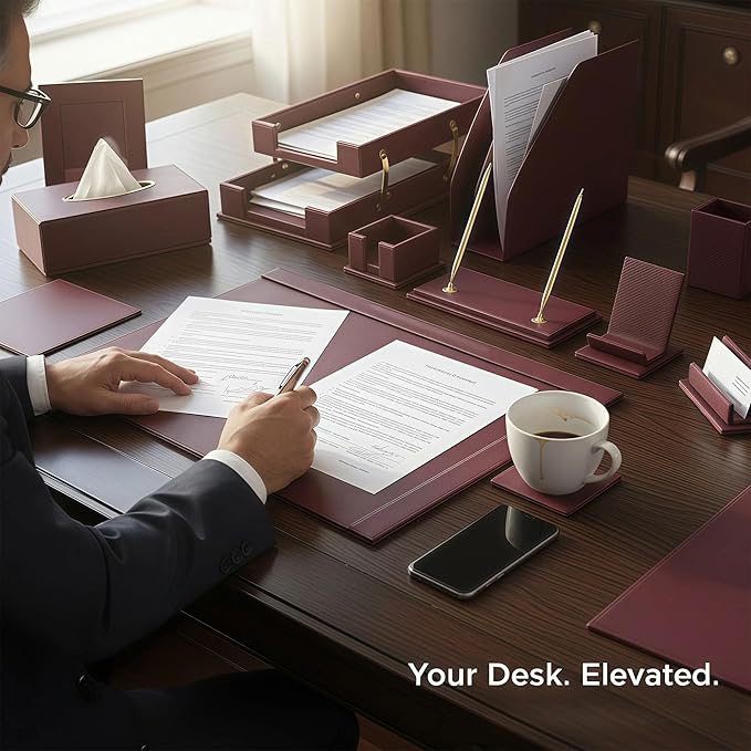 Desk Set,15-Piece Leather Desk Organizer Set, Executive Office Accessories with Desk Pad & Blotter, 2-Tier Tray, Pen Holder & More, Professional Office Desk Decor & Gift Set (Burgundy)