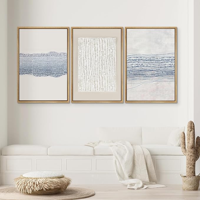 SIGNWIN Framed Canvas Print Wall Art Set Blue White Grunge Geometric Pattern Abstract Shapes Cozy Neutral Decorative Contemporary Minimal for Living Room, Bedroom, Office - 16"x24"x3 Natural