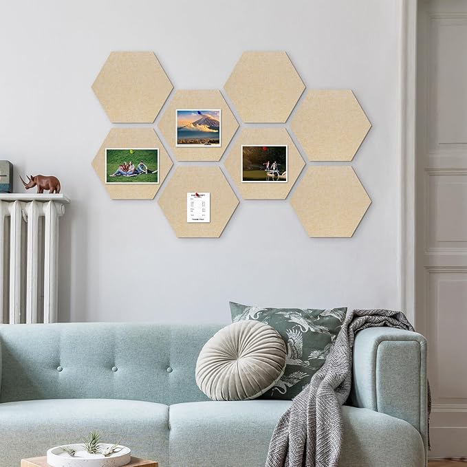 8-Pack Hexagon Felt Cork Board, 1/2" Thick Felt Bulletin Pinboard with 80 Push Pins, Adhesive Tabs, Geometric Cork Wall Tiles for Photos, Memos, Home & Office Decor (Beige)