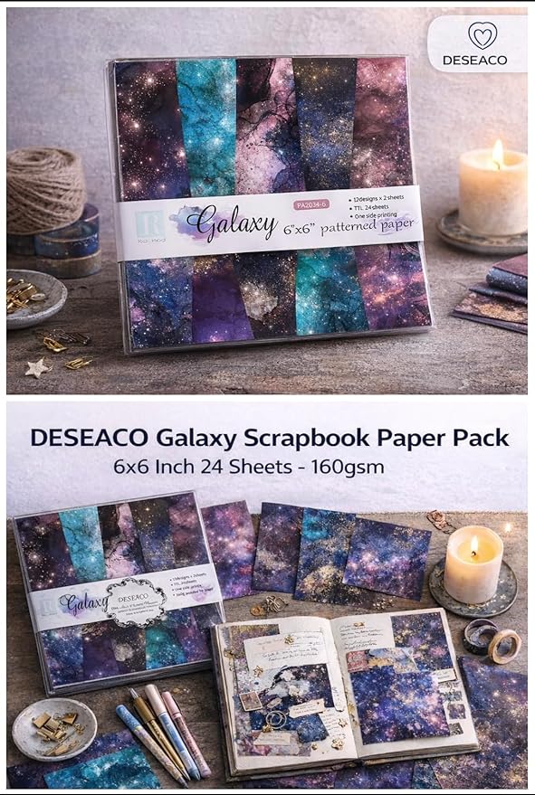 Galaxy Scrapbook Paper 6x6, 12 Cosmic Designs, Acid-Free 160gsm Single-Sided Decorative Craft Paper for Scrapbooking, Journaling, Card Making & DIY Crafts-24 Sheets