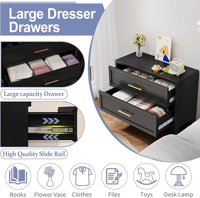 Dresser for Bedroom 2 Drawers, Metal Dresser Chest of Drawers, can be Used as Nightstand, Side Table, Under Desk Steel File Cabinet for Home Office Storage Small Size Files (Black)