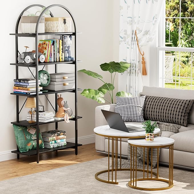 Arched Bookshelf 5 Tier Book Shelf, 31.5 Inch Width Industrial Arch Bookcase, Curved Tall Bookshelf with Open Shelves for Home Office, Living Room, Bedroom, Black