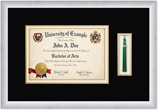 CountryArtHouse Diploma and Tassel Frame Fits 11.69 x 8.27 A4 Certificate with Tassel Ho Stainless Silver Genuine Hardwood Shadowbox with Black Over Metallic Gold Double mat