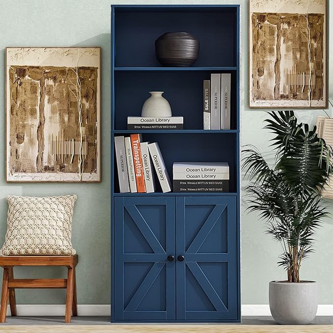 Blue 5-Tier Bookshelves for Living Room, Farmhouse Tall Bookcase with Doors, Wooden Bookshelf with Storage Cabinet and Shelves for Living Room, Home Office