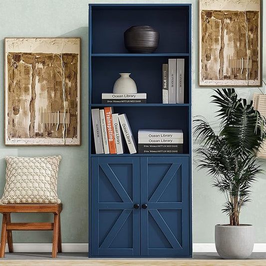Blue 5-Tier Bookshelves for Living Room, Farmhouse Tall Bookcase with Doors, Wooden Bookshelf with Storage Cabinet and Shelves for Living Room, Home Office
