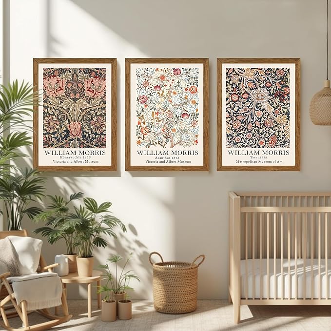 Krtoni 3PCS Framed William Morris Wall Art, Rustic Farmhouse Floral Wall Decor, Vintage Flower Plants Aesthetic Paintings, Flower Botanical Art Prints for Living Room Bedroom Bathroom 16W x 24H