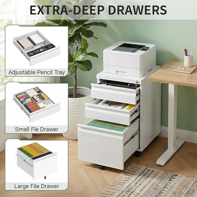 3 Drawer Metal File Cabinet with Lock, Fully Assembled Rolling Filing Cabinet for Home Office, Mobile Under Desk Storage with Wheels, Fits Letter/Legal/A4 Files,White