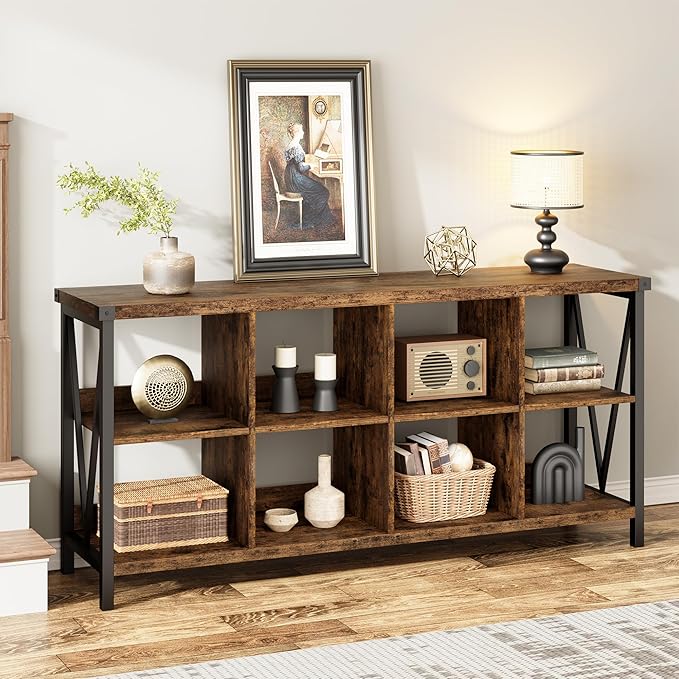 CABIHOME 62 Inch 8-Cube Storage Organizer Bookshelf, 3-Tier Metal Horizontal Bookcase, Industrial Console Bookshelf for Living Room, Entryway, or Office, Long Low Storage Shelf-Retro Brown.