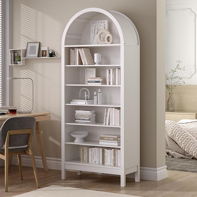 Tall Arched Bookshelf, 7-Tier Bookcase with 3 Adjustable Shelves, Modern Farmhouse Storage Shelf for Living Room, Entryway, Office, 29.5" W x 70.1" H x 13.8" D, White