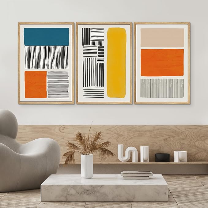SIGNWIN Framed Canvas Print Wall Art Set Mid-Century Bright Color Block Collage Abstract Shapes Illustrations Minimalism Bohemian Decorative for Living Room, Bedroom, Office - 24"x36"x3 Natural