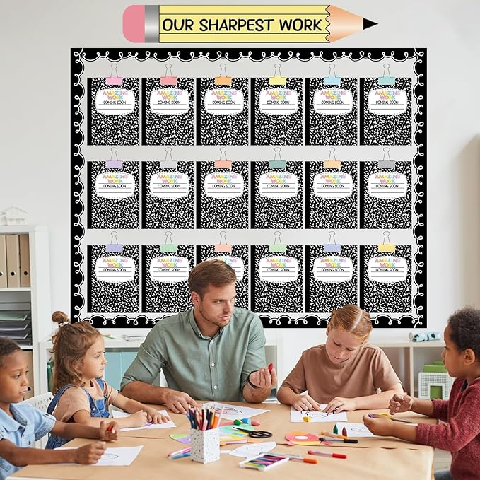 Student Work Display Bulletin Board Set Composition Notebook Classroom Decoration Inspirational Our Sharpest Work Pencil Cutouts for Back to School Classroom Chalkboard Wall Decor Teacher Supplies