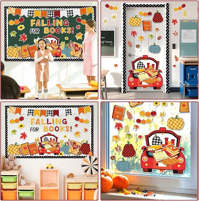 gisgfim Fall Bulletin Board Decorations Set Fall Thanksgiving Pumpkin Classroom Paper Cutouts Falling for Books Pumpkin Maple Leaf Bulletin Board Decor fo Home School Library Chalkboard Wall