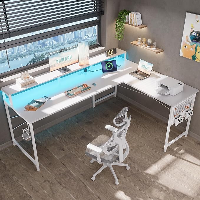 Pamray 64 Inch L Shaped Gaming Desk with Power Outlets and Led Lights, Large Corner Computer Desk with Monitor Stand and Pegboard, PC Table for Home Office and Bedroom White