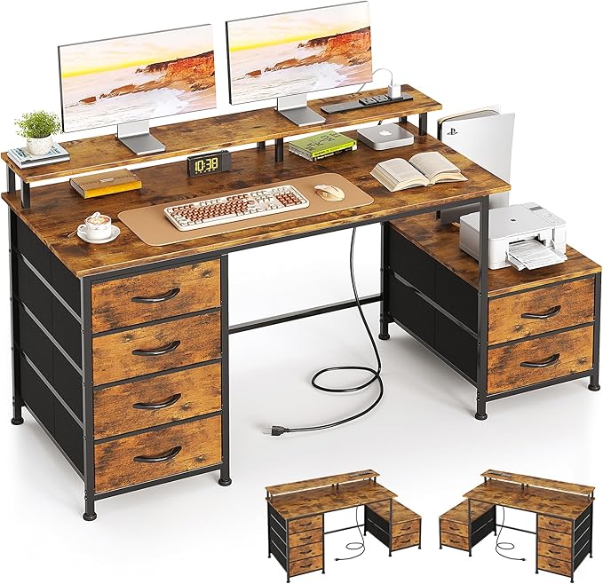 Flrrtenv 52 Inch Office Desk with 6 Drawers and Printer Space for Storage, Reversible Computer Desk with Monitor Stand & Power Outlets, Home Office Desks, Vintage