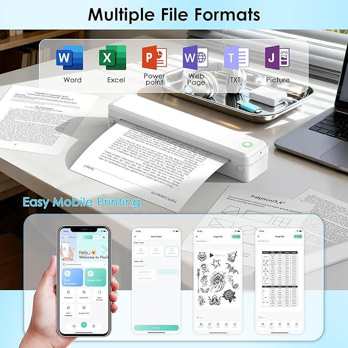 Bluetooth Thermal Printer, Portable Printer Wireless for Travel,Office&School, Includes 3 Rolls Paper – Supports US Letter,A4 Thermal Paper, Inkless Printing, Compatible with iOS,Android&Laptops