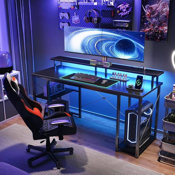 ODK 55 inch Gaming Desk with LED Lights & Power Outlets, Computer Desk with Monitor Stand & Storage Shelves, CPU Stand, Home Office Desk, Black