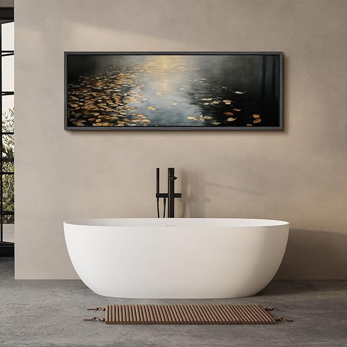 SIGNFORD Large Framed Canvas Print Wall Art Moody Water Reflection with Floating Leaves Illustrations Modern Art Calm Warm for Living Room, Bedroom, Office - 60"x20"