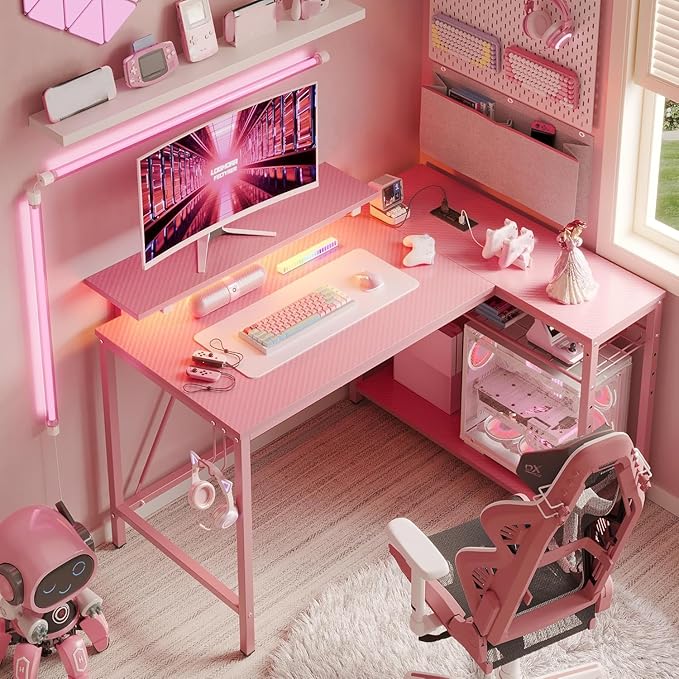Bestier Pink Computer Desk with Power Outlets,42 LED Small Gaming Corner Desk with Reversible Storage Shelves,L Shaped Desk with Headset Hooks Studying and Workstation Desk for Office and Bedroom