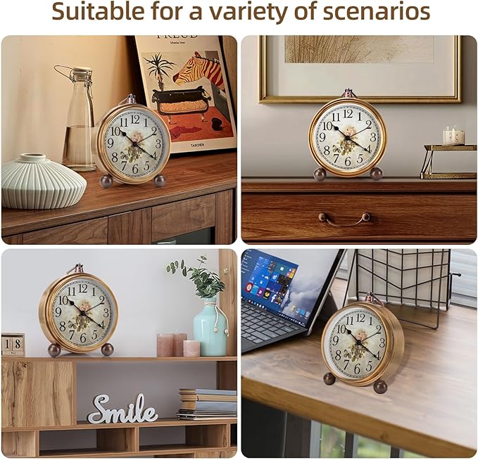 Maxspace Metal Golden Table Clock, Retro Vintage Non-Ticking Small Alarm Clock,Battery Operated Silent Quartz Movement HD Glass Desk Clock for Bedroom Living Room Indoor Decoration Kids… (Rose)