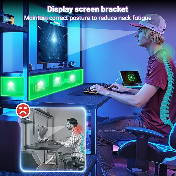 Gaming Desk with LED Lights & Outlets,55" L Shaped Computer Desk with Shelves & Storage Hutch,Reversible Corner Gaming Table with Printer Space & Monitor Stand for Home Office,Black