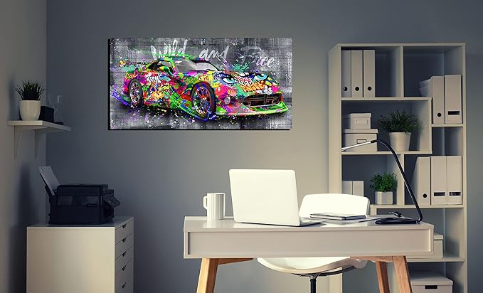 SIXTTART Graffiti Car Wall-Decor - Banksy Canvas Wall Art for Bedroom - Teen Boy Room Decor Ready To Hang Size 40" x 20"